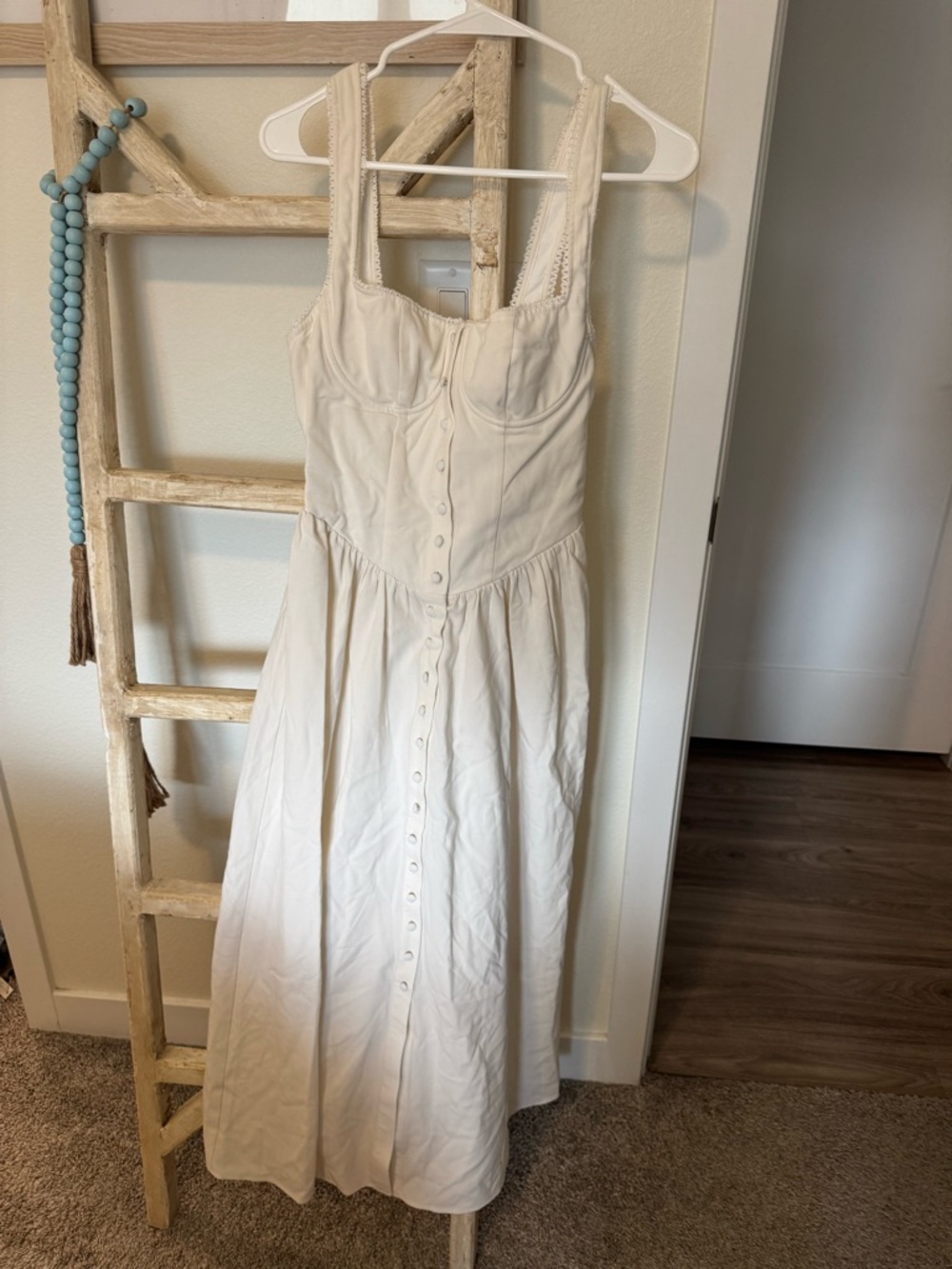 Rumored Antoinette Cream Button-Front Midi Dress with Corset Bodice
